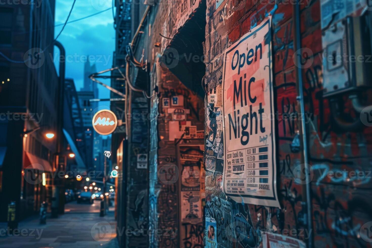 ai generado un abierto mic noche póster soportes fuera en un pared lleno con capas de urbano obra de arte y volantes, como oscuridad se asienta en un ciudad callejón. foto