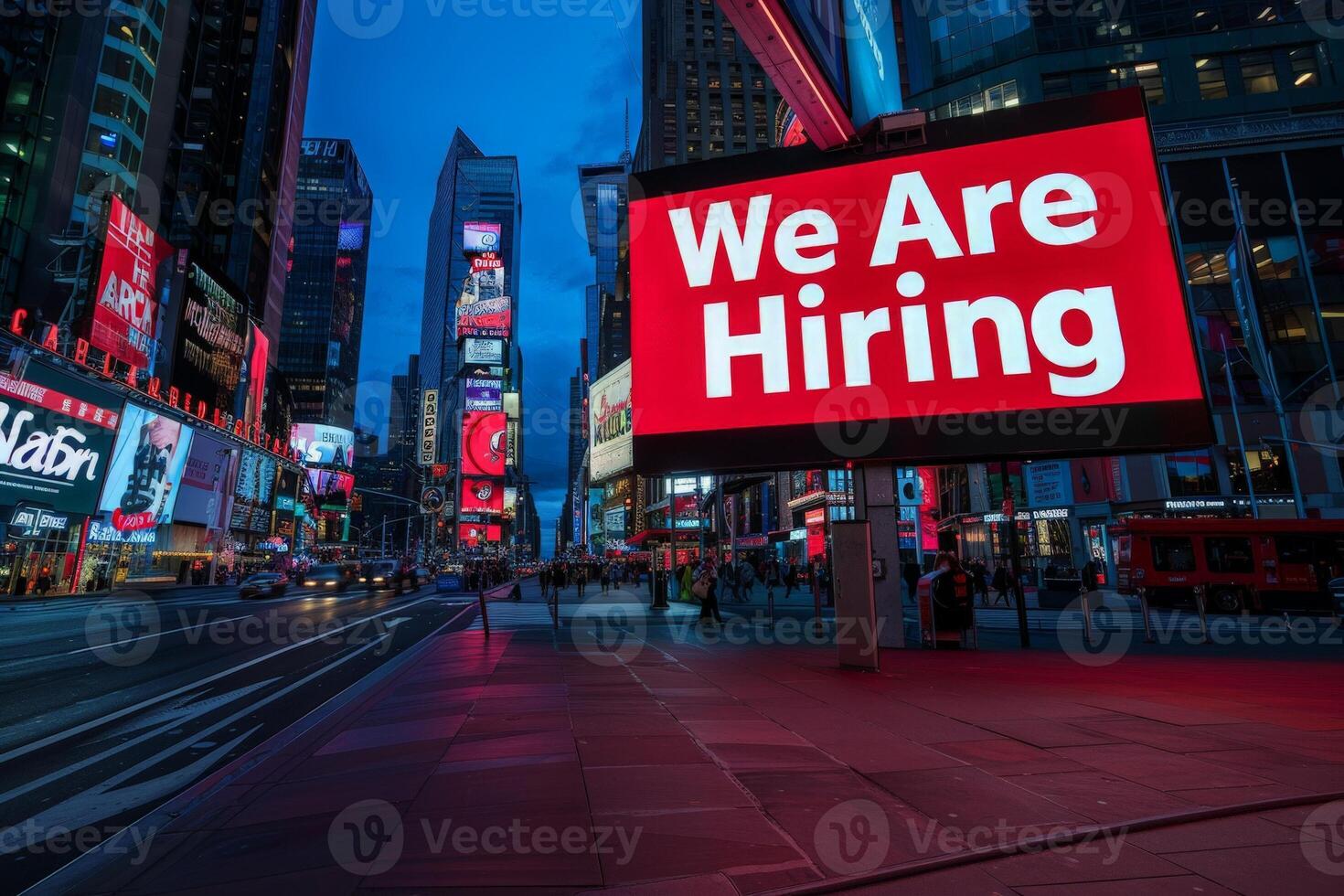 AI generated A striking red sign on a bustling city street reads We Are Hiring, signaling job opportunities to passersby. photo