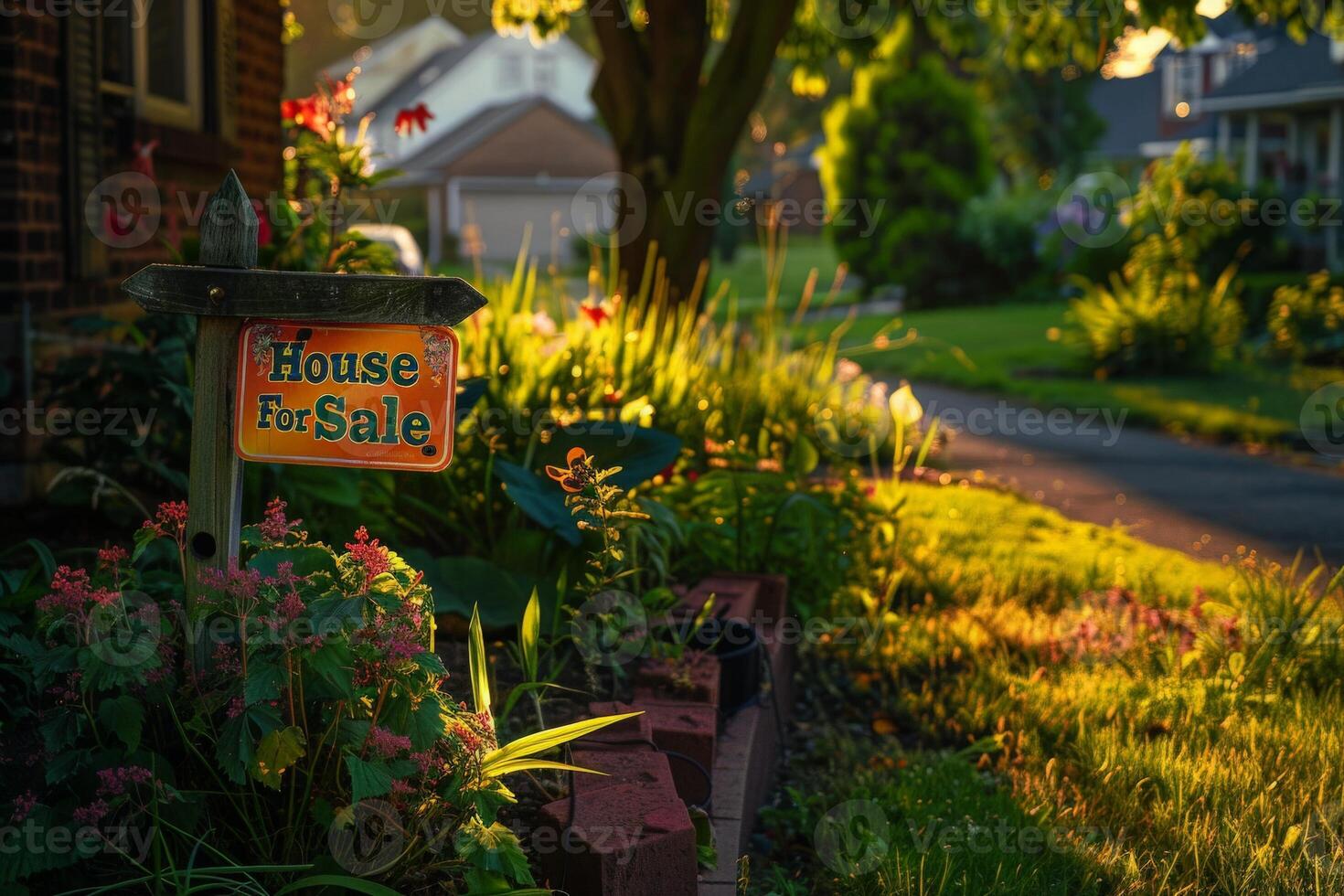 AI generated A colorful House For Sale sign stands proudly in front of a charming house on a sunny morning. photo