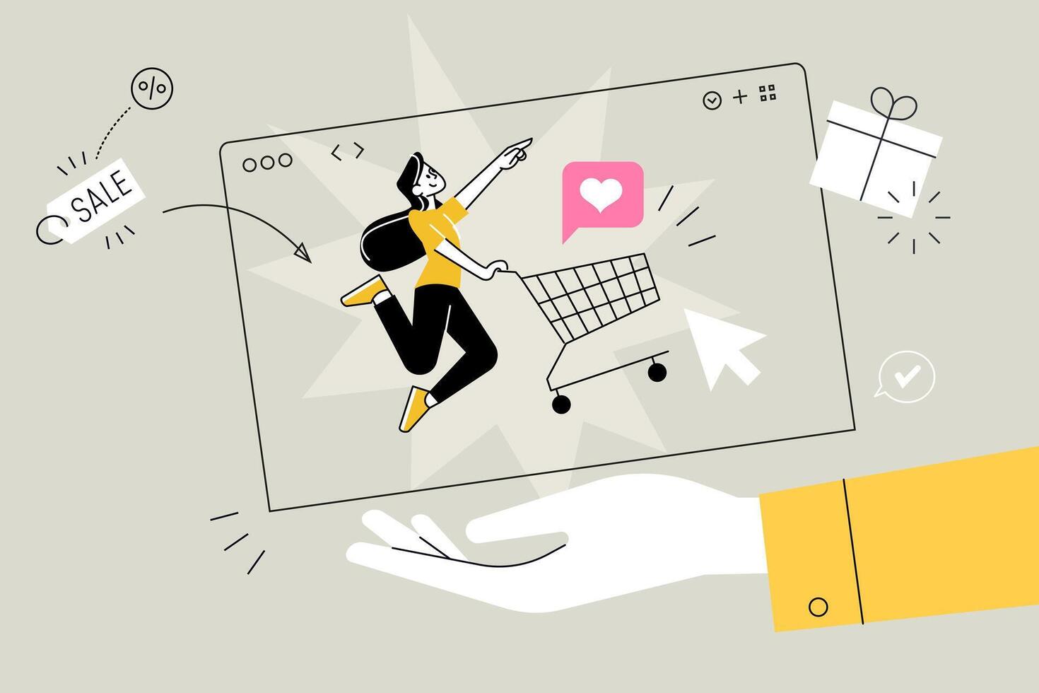 Business concept illustration. Vector illustration of e-commerce, online shopping, sale. Creative concept for web banner, social media banner, business presentation, marketing material.