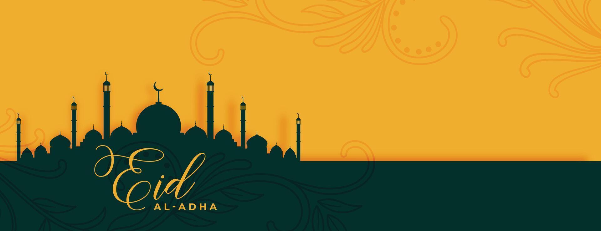 eid al adha mubarak with mosque and arabic floral design banner vector