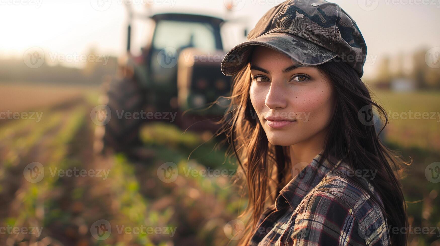 AI generated beautiful female farmer in a cap with a tractor in the background photo