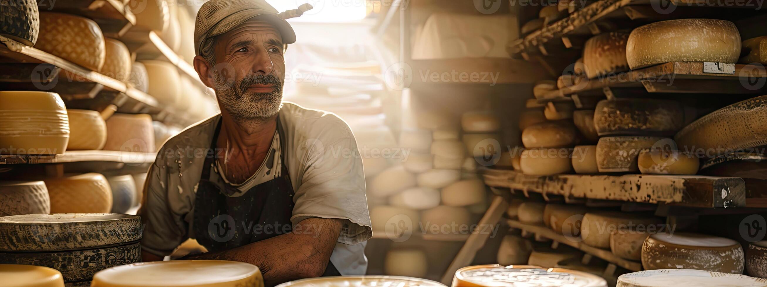 AI generated Italian cheese maker with his stacks of made photo