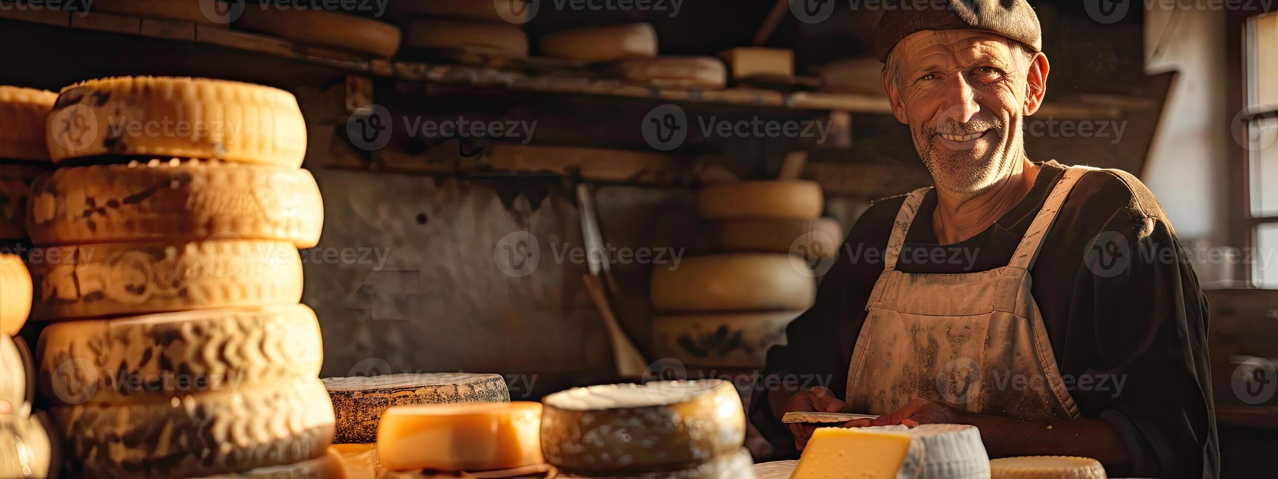 AI generated Italian cheese maker with his stacks of made photo