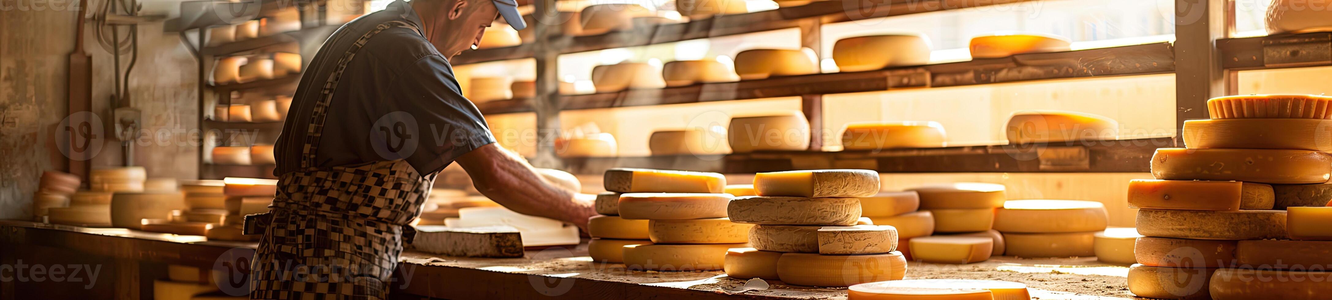 AI generated Italian cheese maker with his stacks of made photo