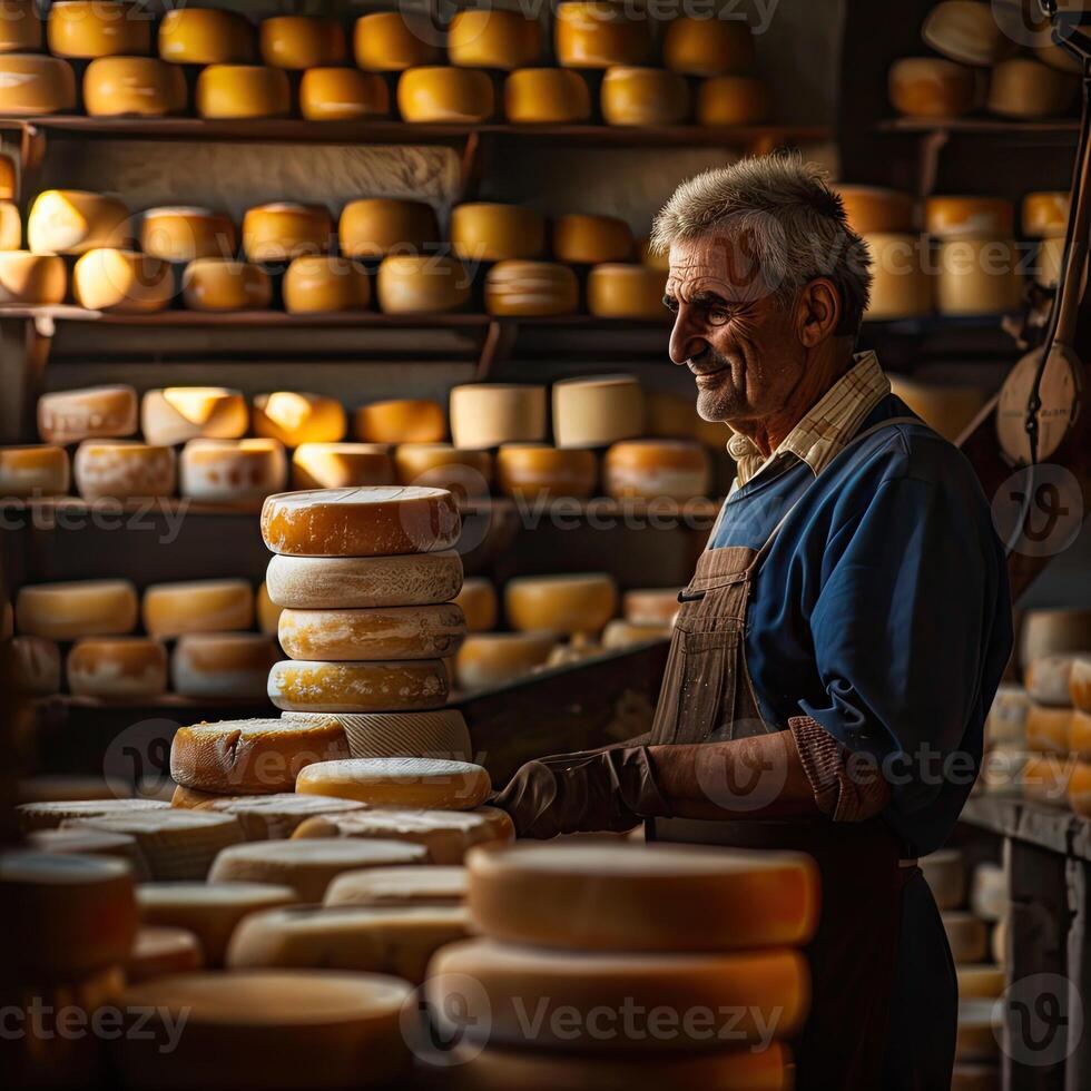 AI generated Italian cheese maker with his stacks of made photo