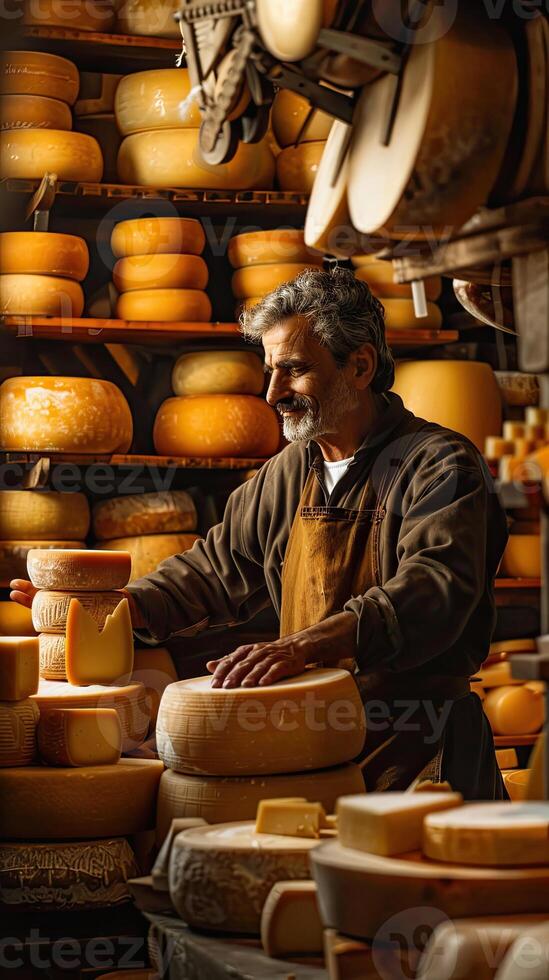 AI generated Italian cheese maker with his stacks of made photo