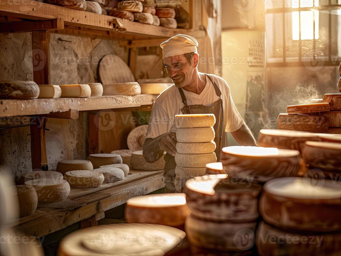 AI generated Italian cheese maker with his stacks of made photo