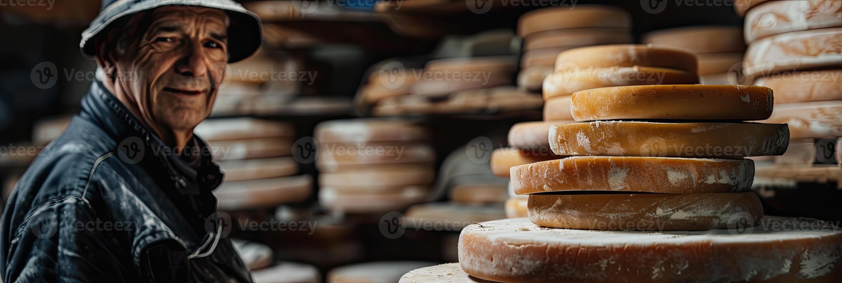 AI generated Italian cheese maker with his stacks of made photo