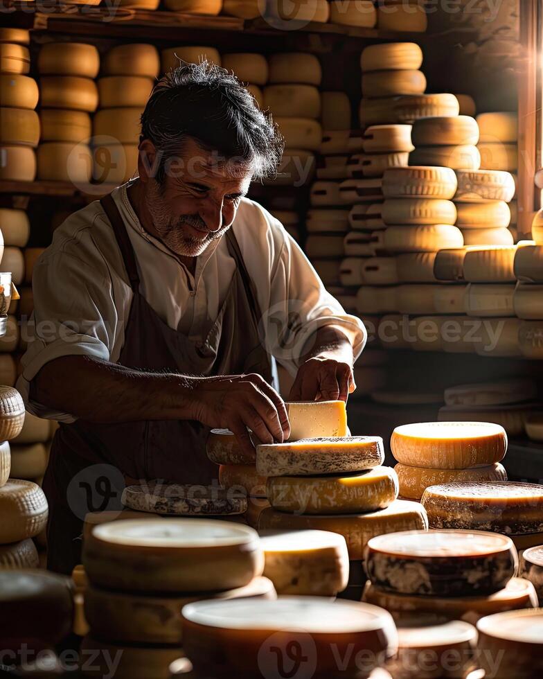 AI generated Italian cheese maker with his stacks of made photo