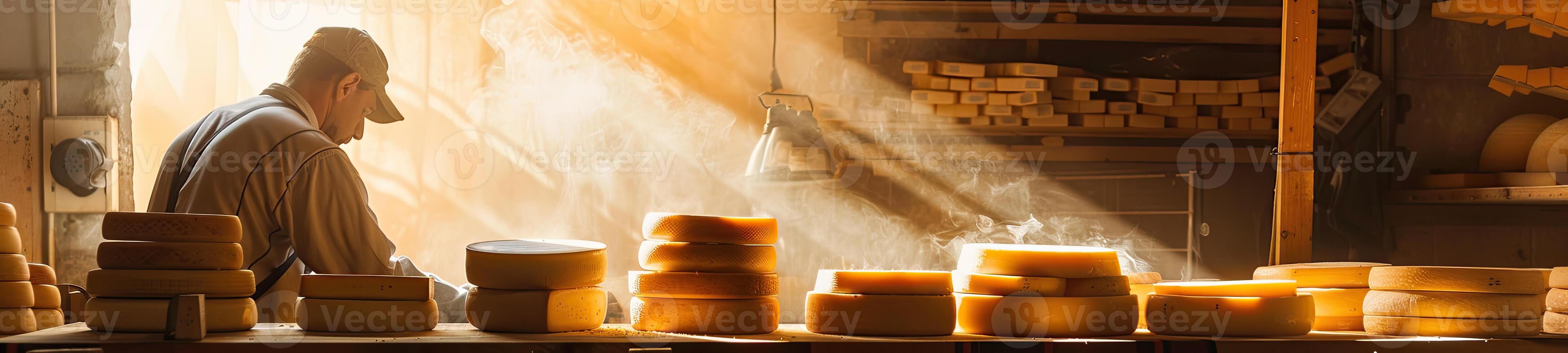 AI generated Italian cheese maker with his stacks of made photo