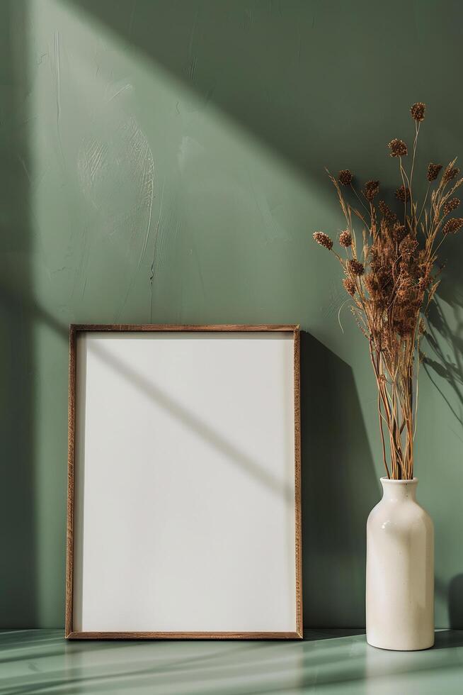 AI generated empty white canvas frame mockup with dried plants in vase on green wall photo