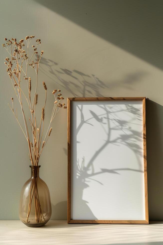 ai generado vacío blanco lona marco Bosquejo con seco plantas en florero en verde pared foto