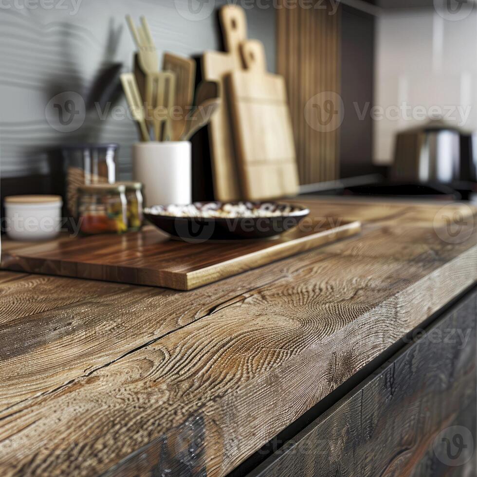 ai generado cerca arriba de un cocina moderno rústico estilo, madera mueble foto