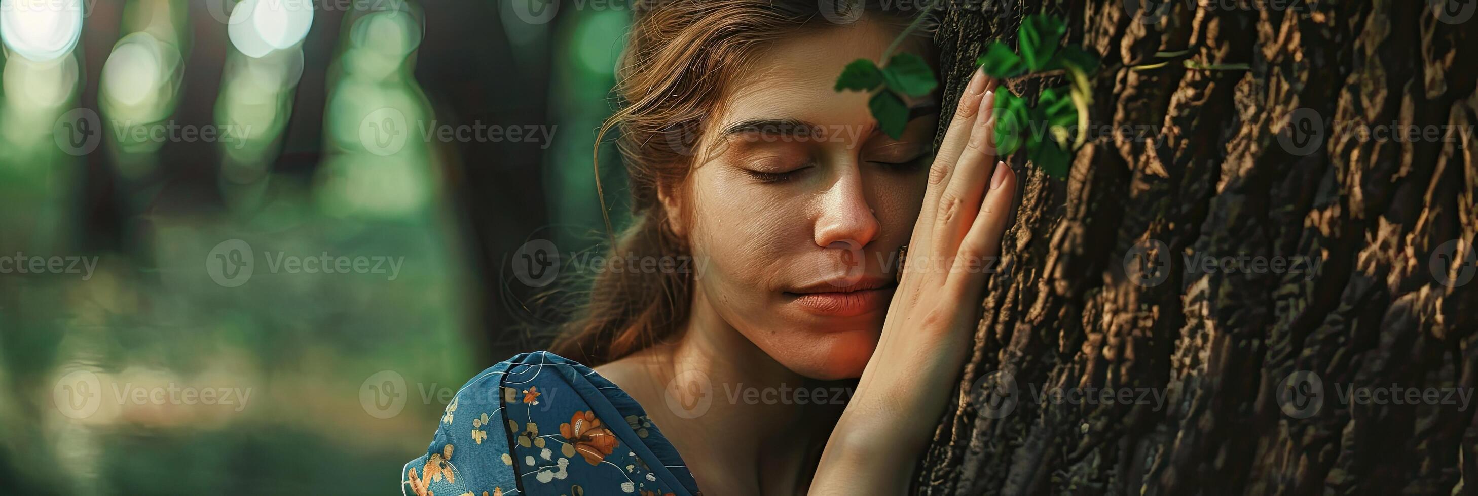 AI generated Pensive woman hugging big tree trunk in the forest, connection with nature photo