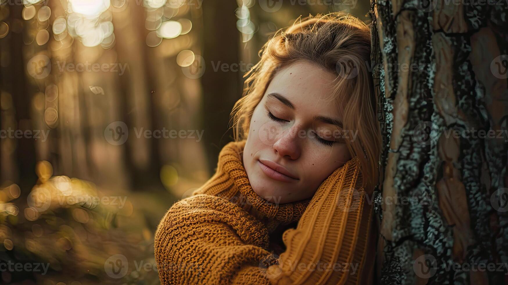 AI generated Pensive woman hugging big tree trunk in the forest, connection with nature photo