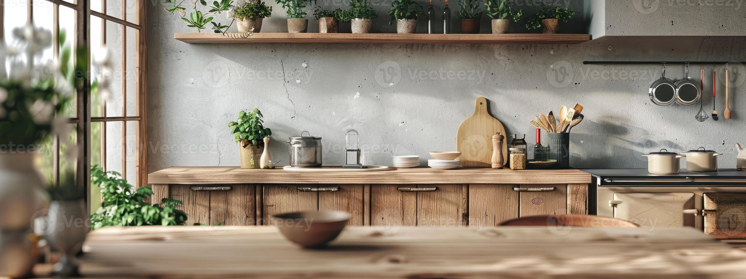 AI generated close up of a kitchen modern rustic style, wood furniture photo