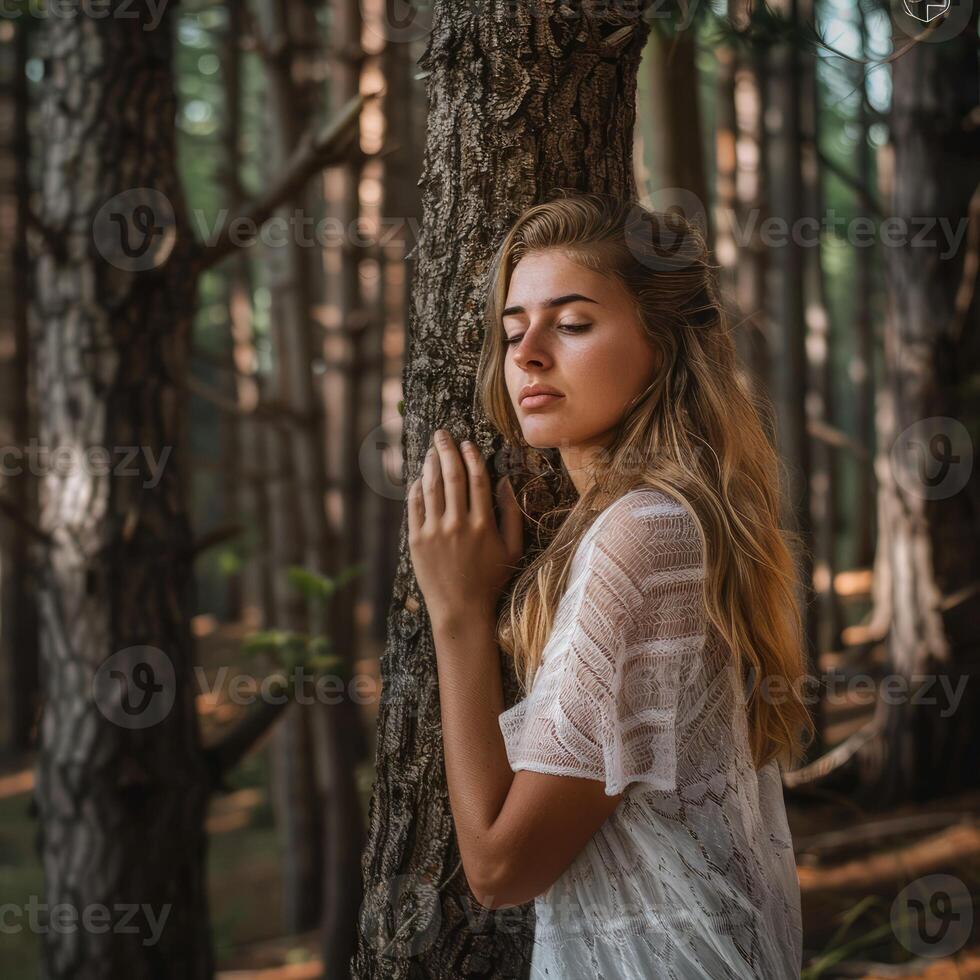 ai generado pensativo mujer abrazando grande árbol maletero en el bosque, conexión con naturaleza foto