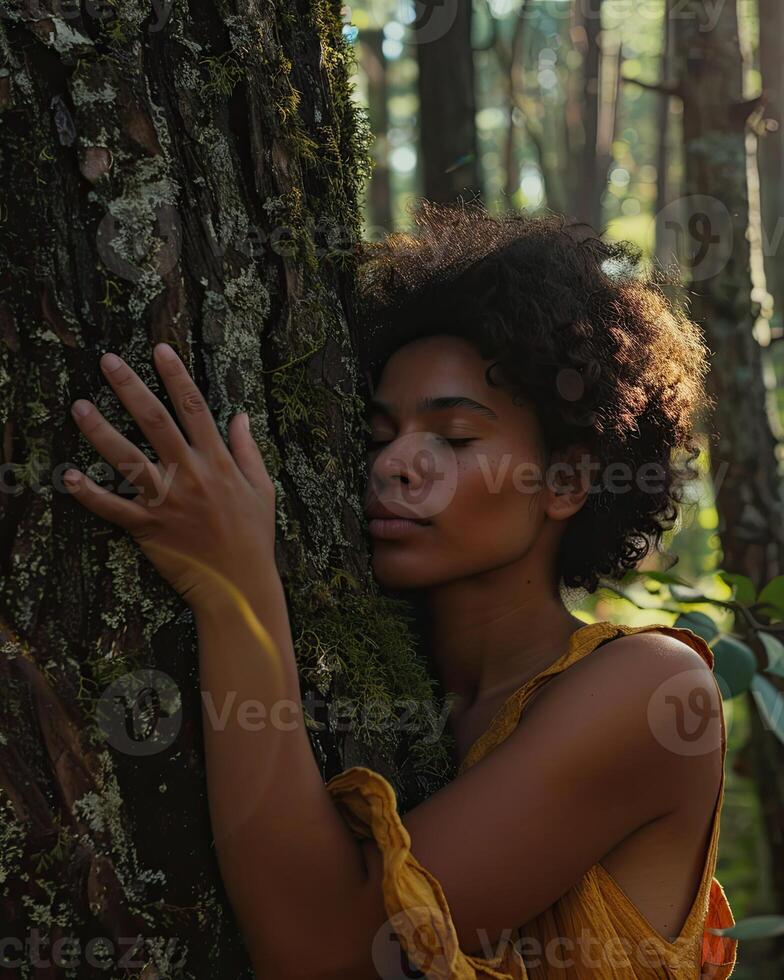 AI generated Pensive woman hugging big tree trunk in the forest, connection with nature photo