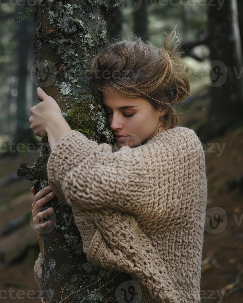 AI generated Pensive woman hugging big tree trunk in the forest, connection with nature photo