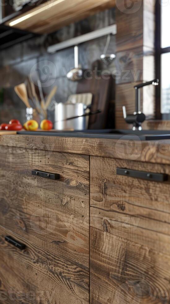 ai generado cerca arriba de un cocina moderno rústico estilo, madera mueble foto