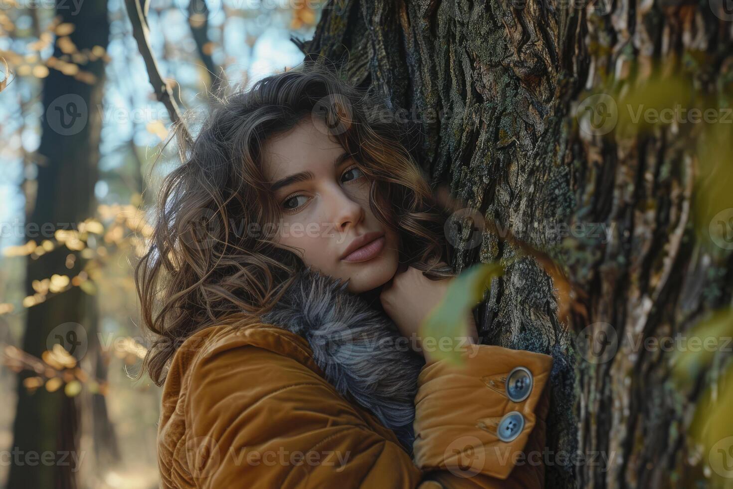 AI generated Pensive woman hugging big tree trunk in the forest, connection with nature photo