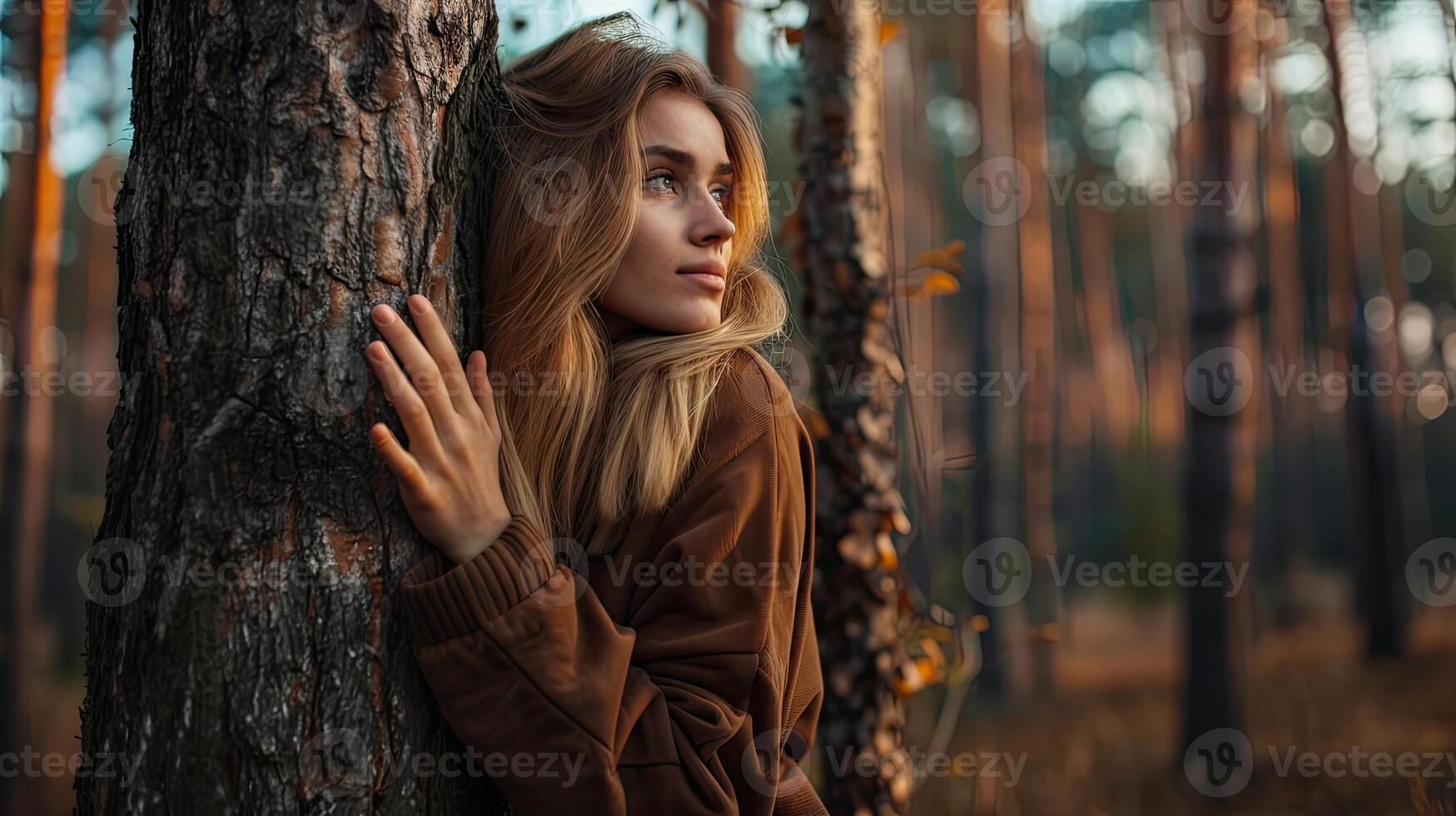 ai generado pensativo mujer abrazando grande árbol maletero en el bosque, conexión con naturaleza foto