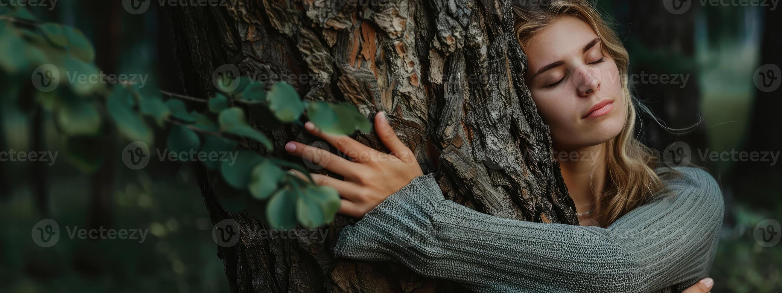 ai generado pensativo mujer abrazando grande árbol maletero en el bosque, conexión con naturaleza foto