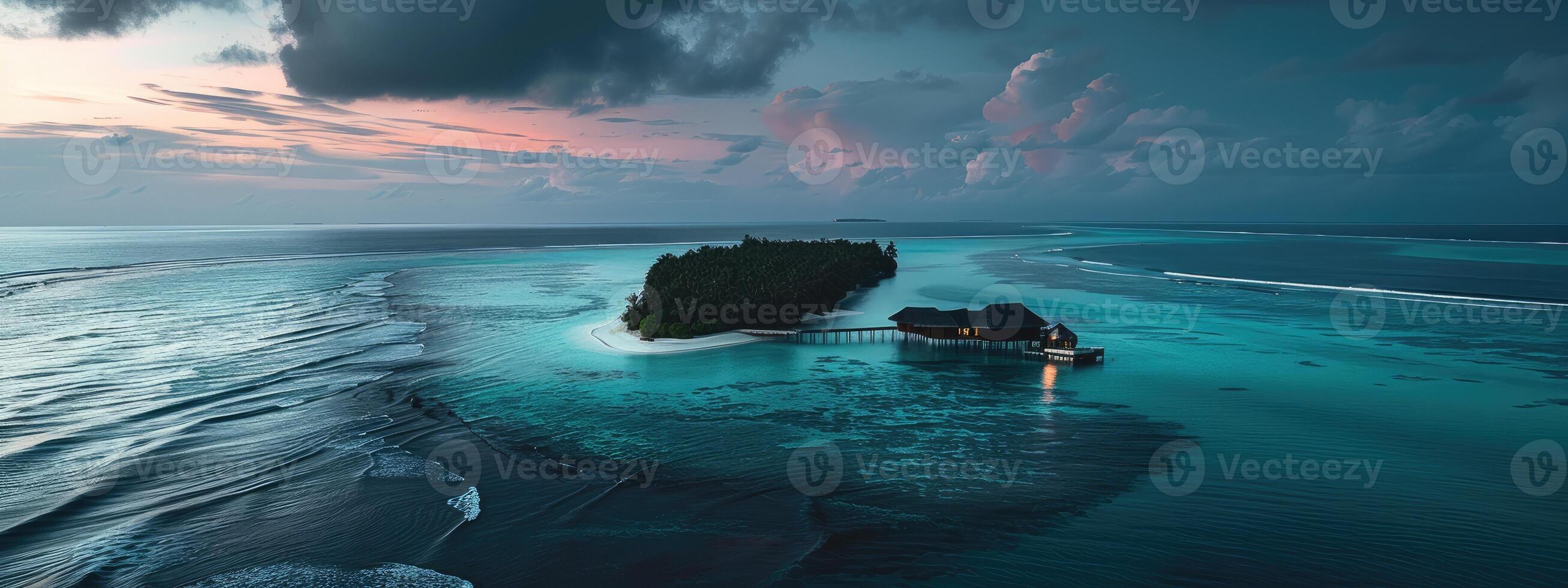 ai generado aéreo ver de un hermosa tropical isla en el medio de el Oceano foto