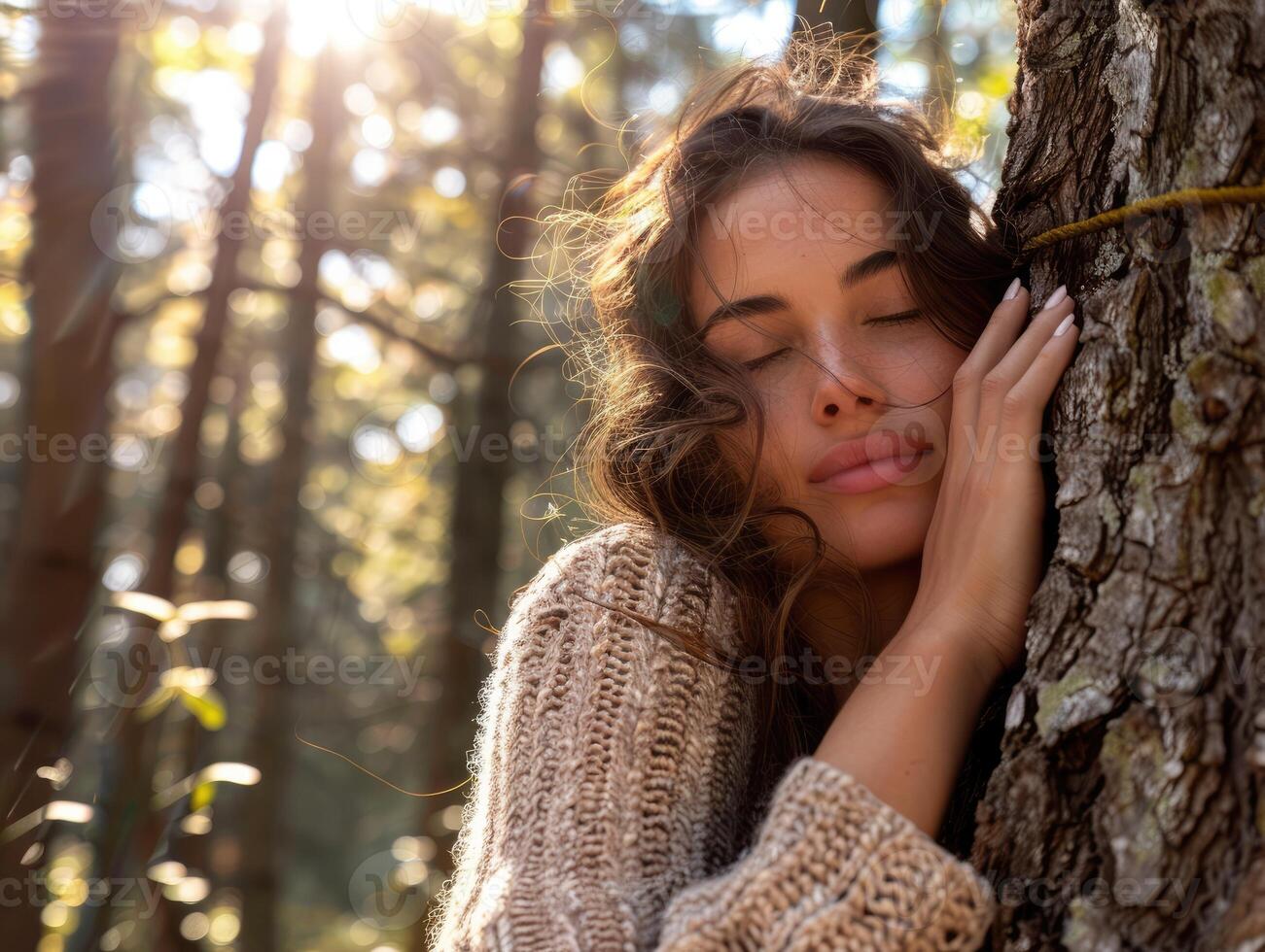 AI generated Pensive woman hugging big tree trunk in the forest, connection with nature photo