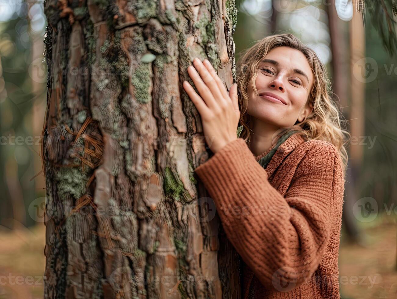 ai generado pensativo mujer abrazando grande árbol maletero en el bosque, conexión con naturaleza foto