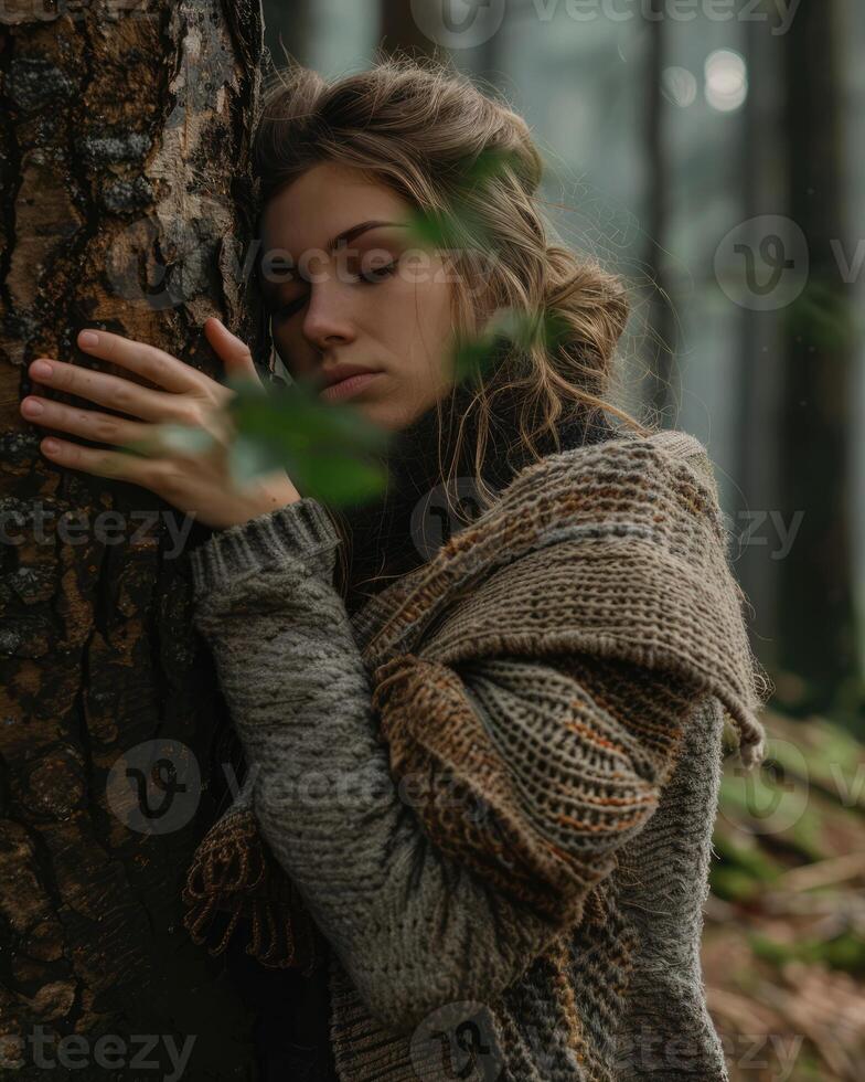 AI generated Pensive woman hugging big tree trunk in the forest, connection with nature photo