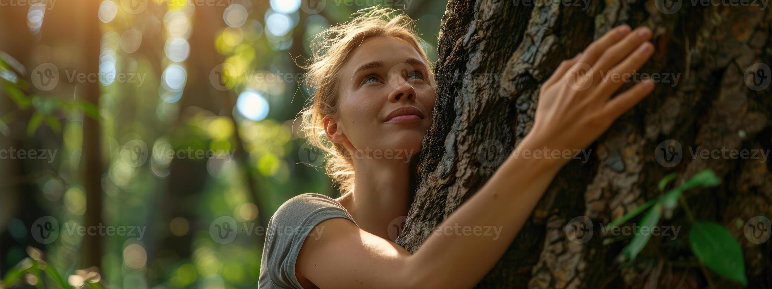 AI generated Pensive woman hugging big tree trunk in the forest, connection with nature photo