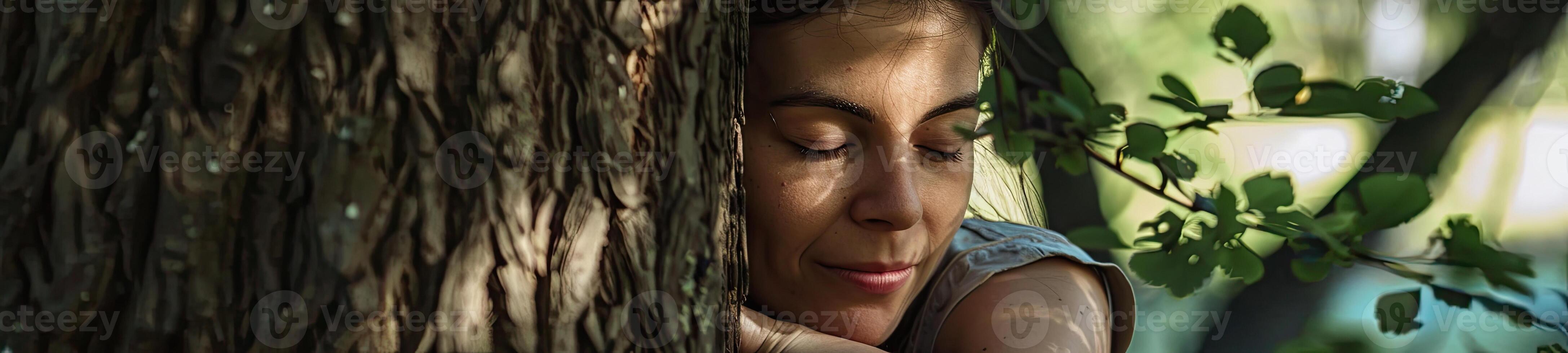 AI generated Pensive woman hugging big tree trunk in the forest, connection with nature photo