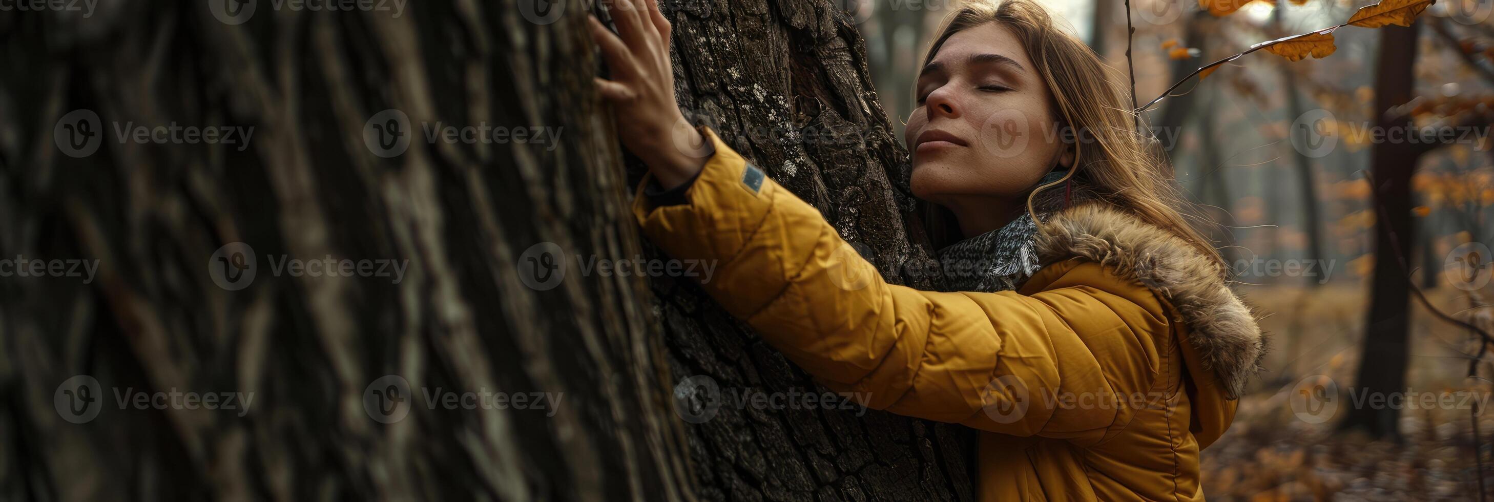 ai generado pensativo mujer abrazando grande árbol maletero en el bosque, conexión con naturaleza foto