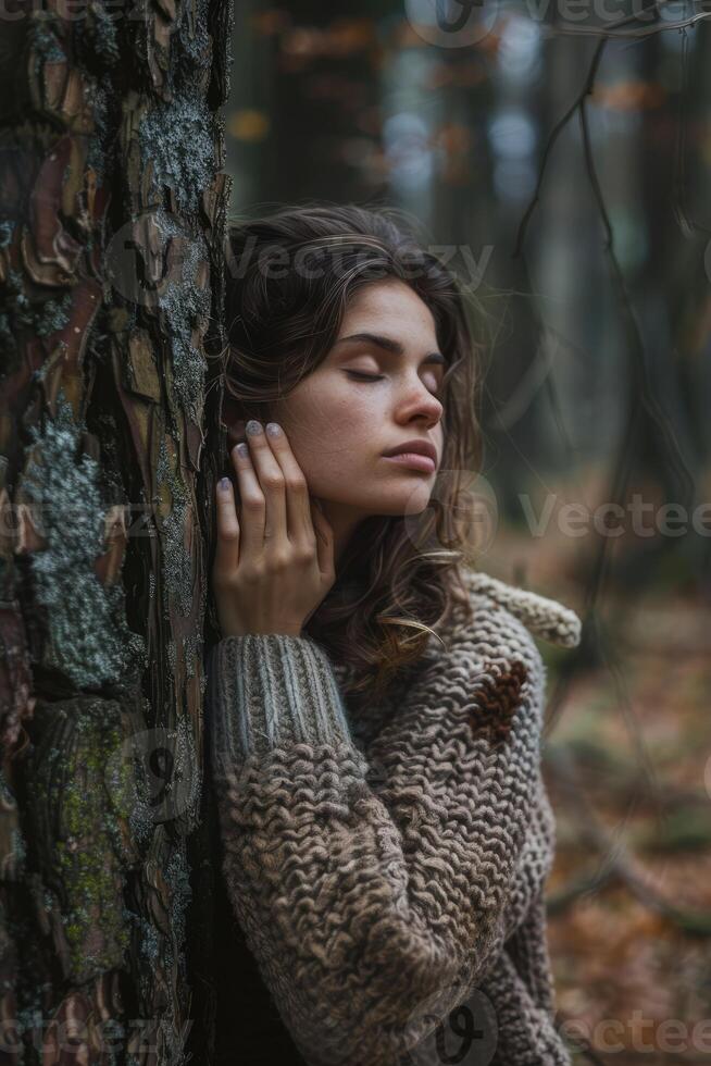 AI generated Pensive woman hugging big tree trunk in the forest, connection with nature photo