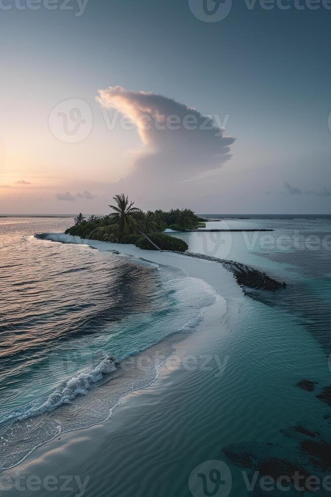 ai generado aéreo ver de un hermosa tropical isla en el medio de el Oceano foto