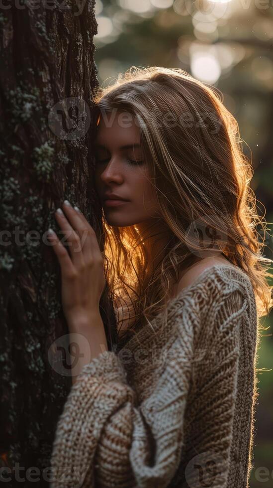 ai generado pensativo mujer abrazando grande árbol maletero en el bosque, conexión con naturaleza foto