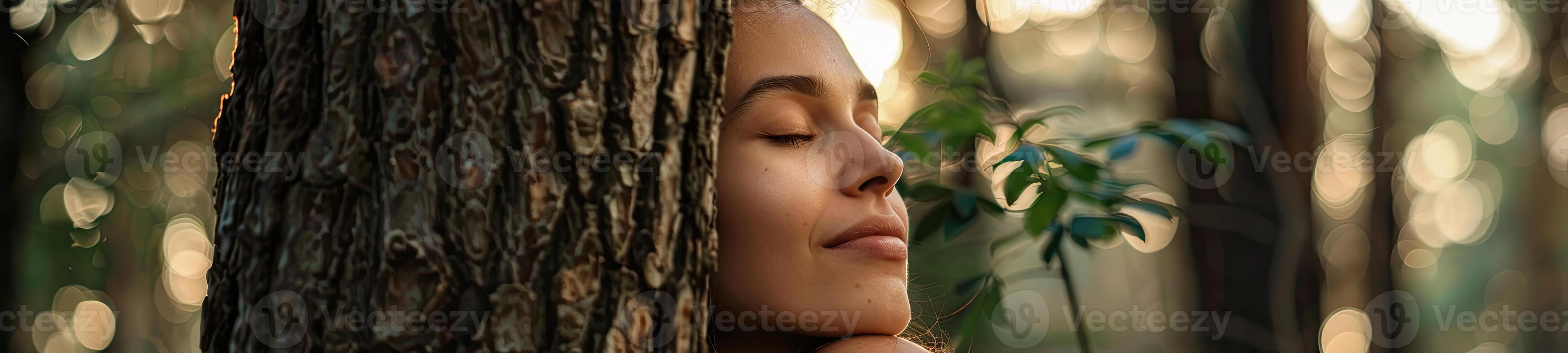 ai generado pensativo mujer abrazando grande árbol maletero en el bosque, conexión con naturaleza foto