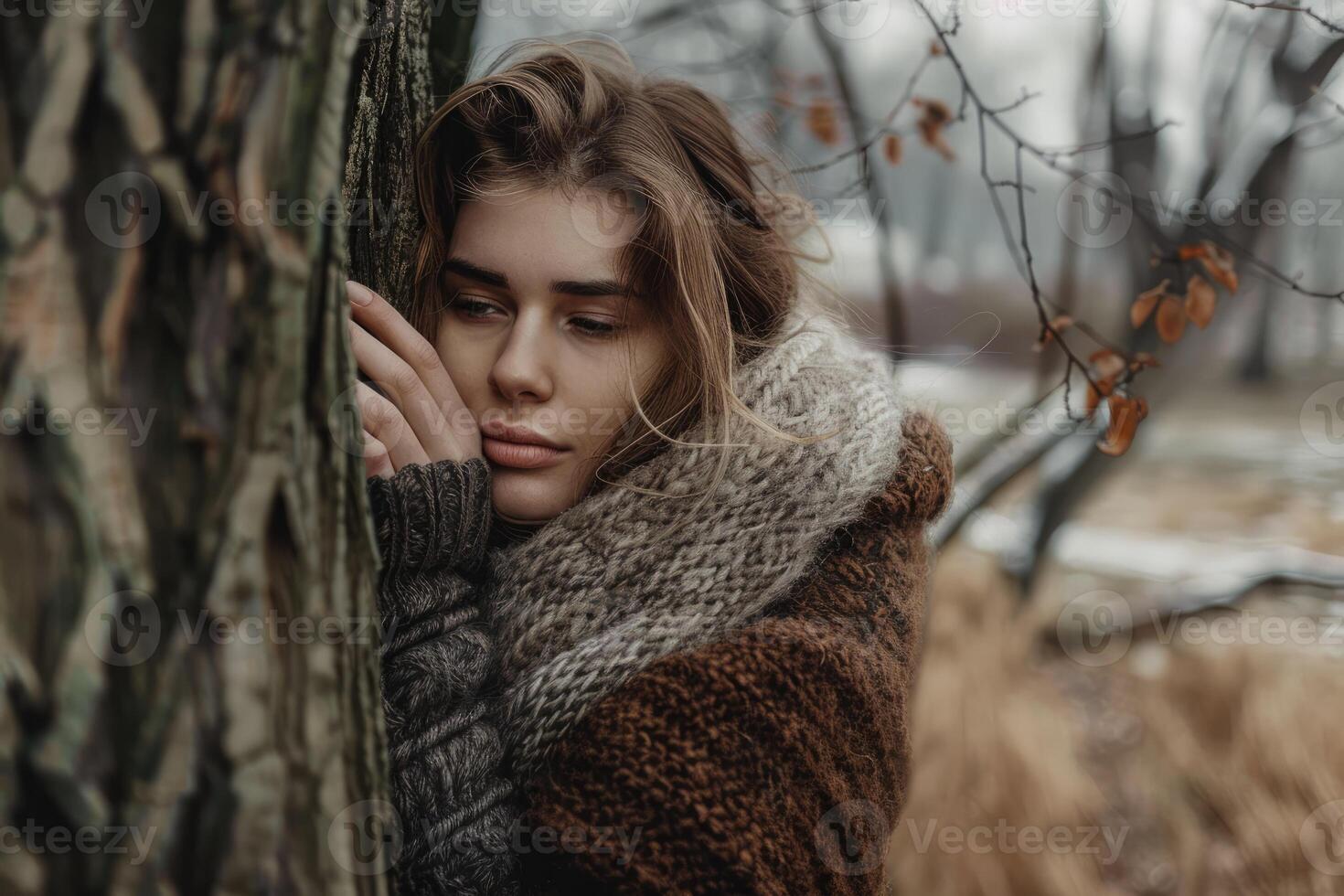 AI generated Pensive woman hugging big tree trunk in the forest, connection with nature photo