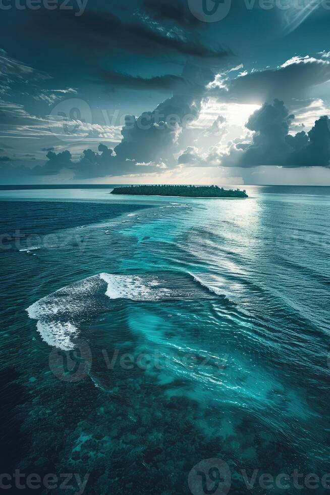 ai generado aéreo ver de un hermosa tropical isla en el medio de el Oceano foto