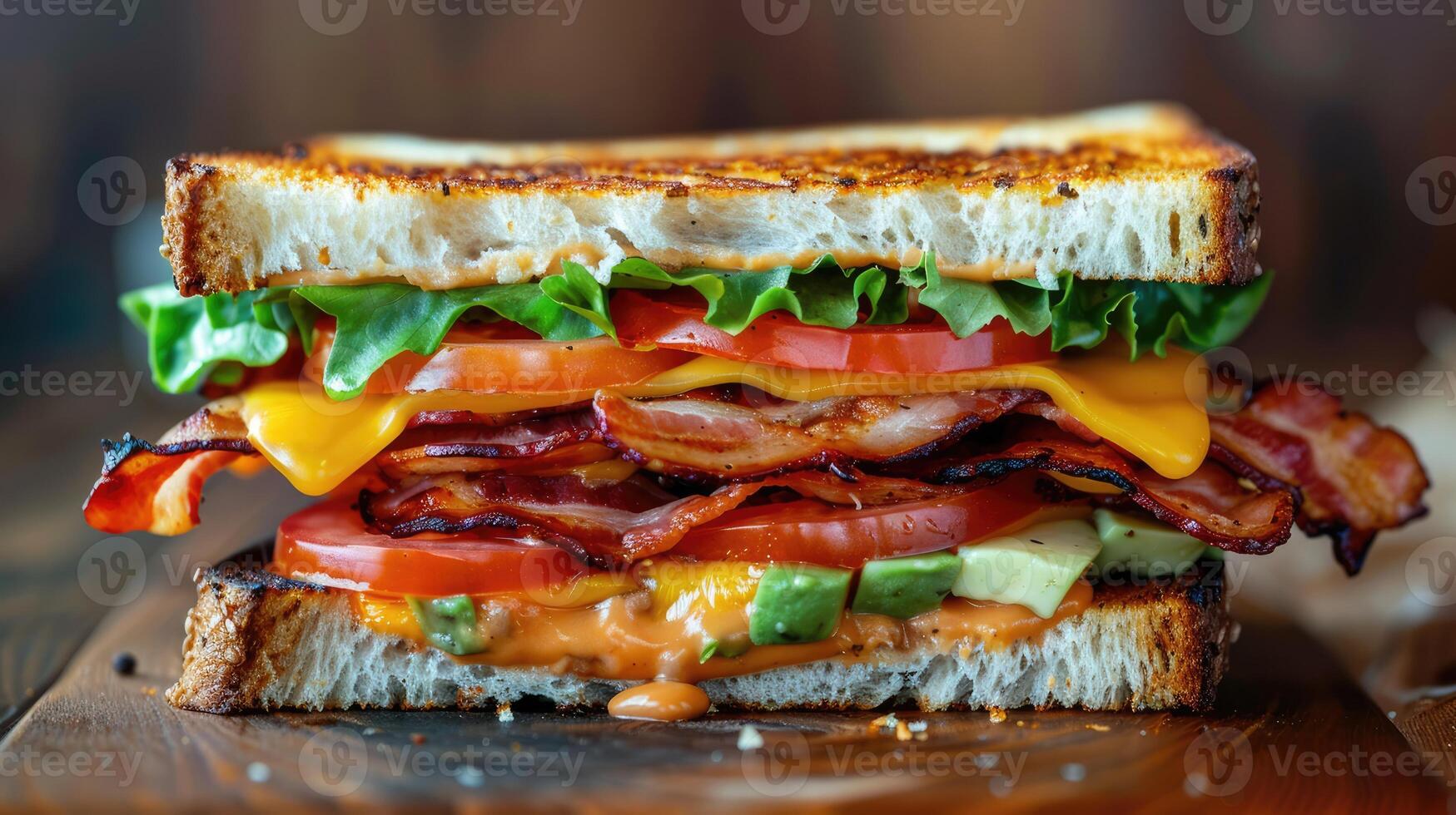 ai generado un sabroso A la parrilla queso emparedado con tocino, lechuga, tomate y aguacate foto