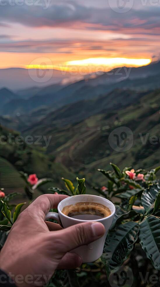 AI generated enjoy a cup of coffee while overlooking a coffee plantation photo