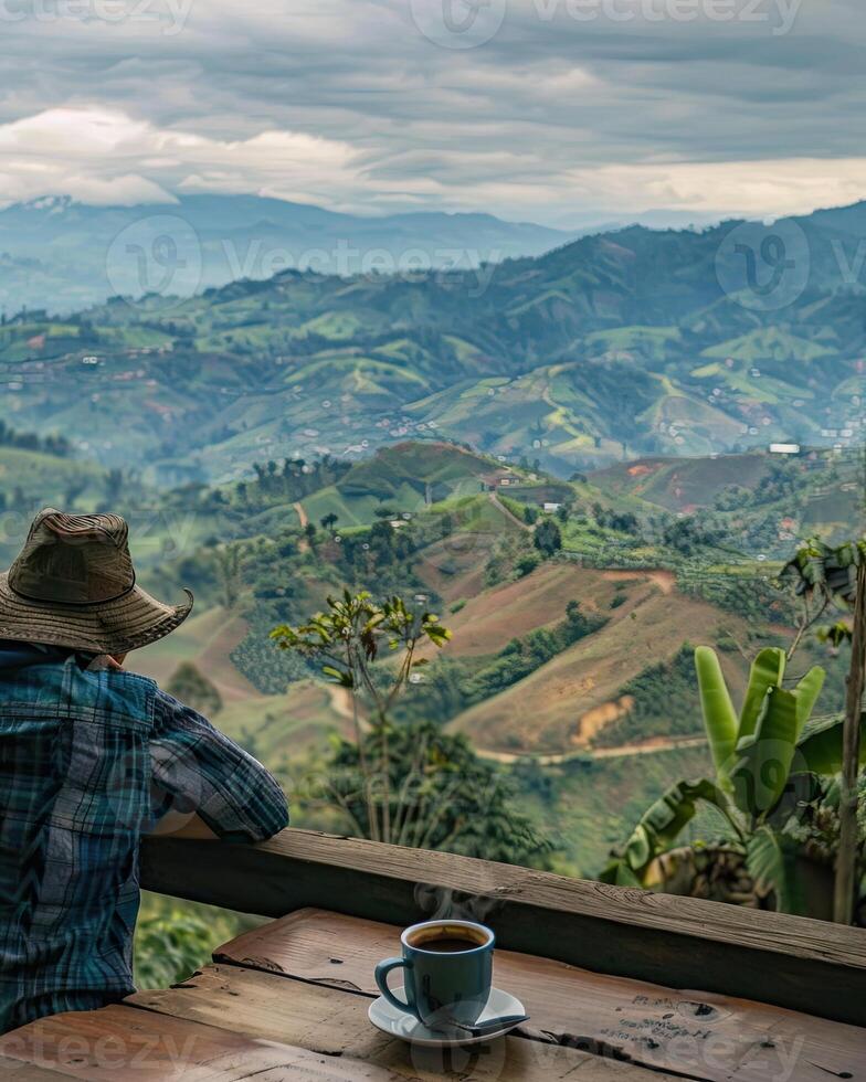 AI generated enjoy a cup of coffee while overlooking a coffee plantation photo