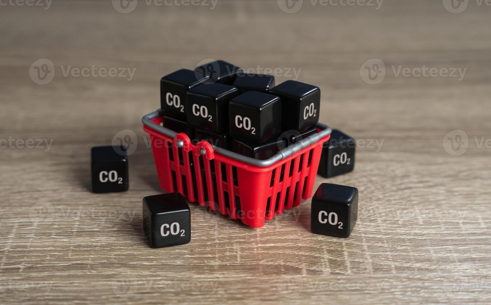 Shopping basket and cubic CO2 carbon dioxide. Achieve an understanding of impact on the environment by your lifestyle and habits. Greenhouse gas consumption and footprint. Customers carbon footprint. photo