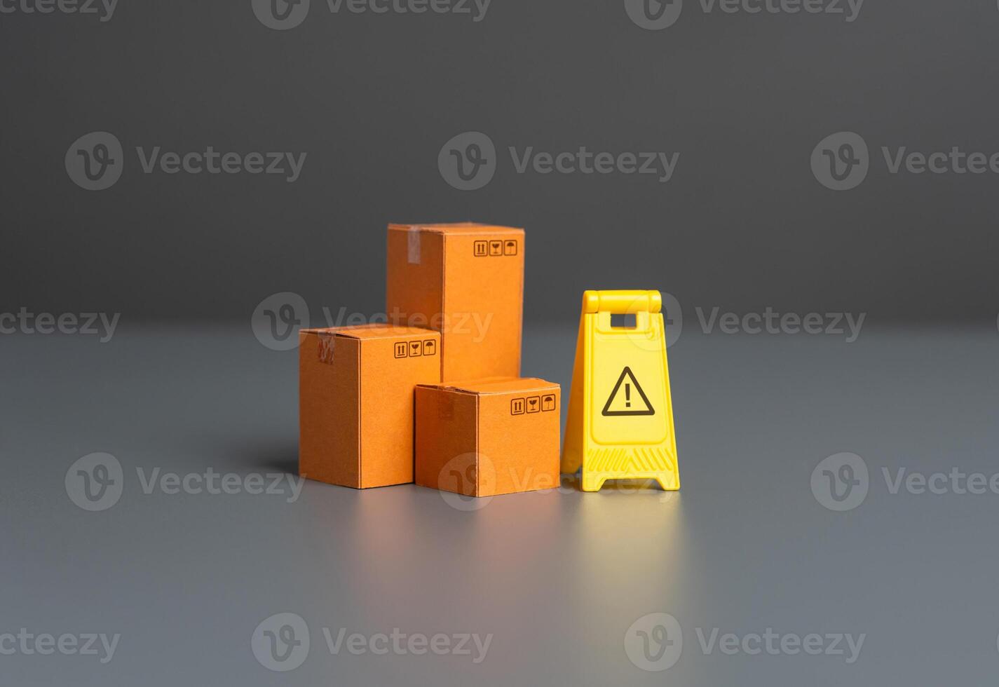 Boxes and warning sign. Restrictions on trade, import and export of goods. Doubts about product quality. Smuggling and the gray market. Trade restrictions. Sanctions pressure. photo