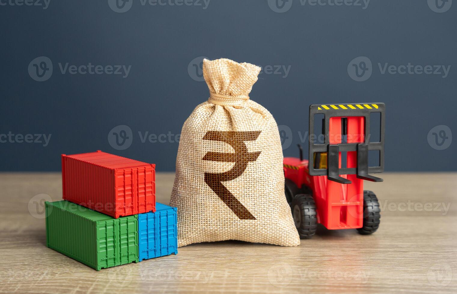 Forklift with shipping containers and indian rupee money bag. GDP and production. Import or export. Trade, economics and transport industry. Tariffs and tax collections. Production of containers. photo