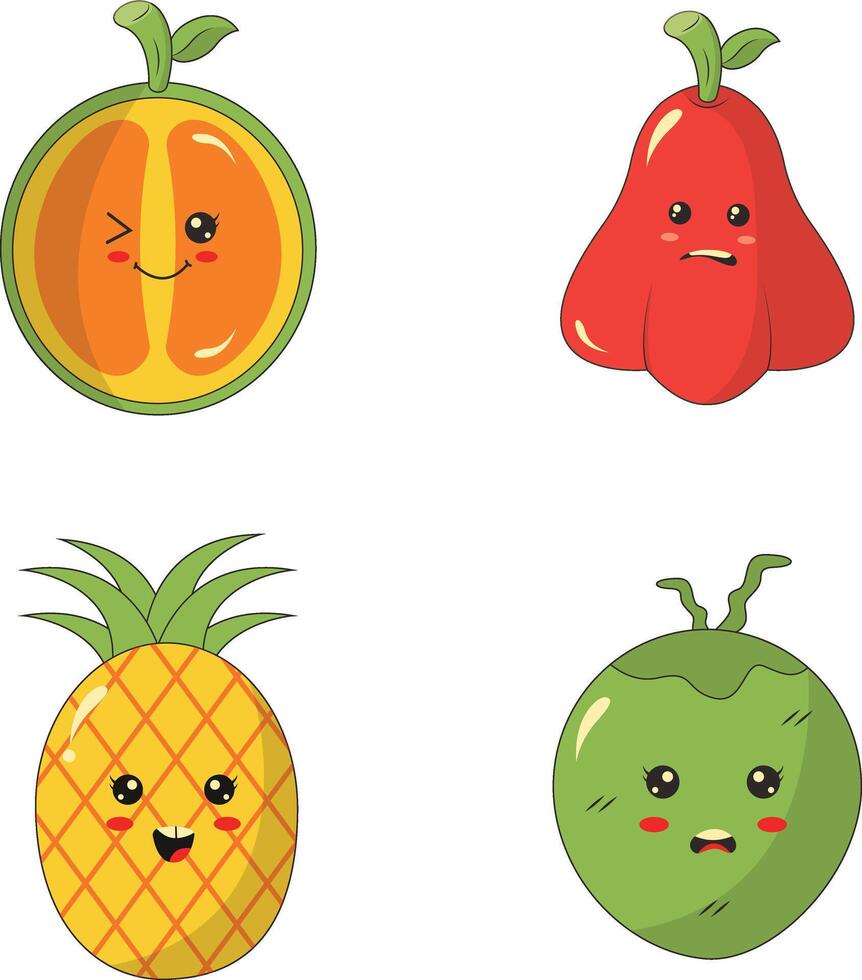 Collection of Different Kawaii Fruit Mascot. Cute Cartoon Character. Vector Illustration