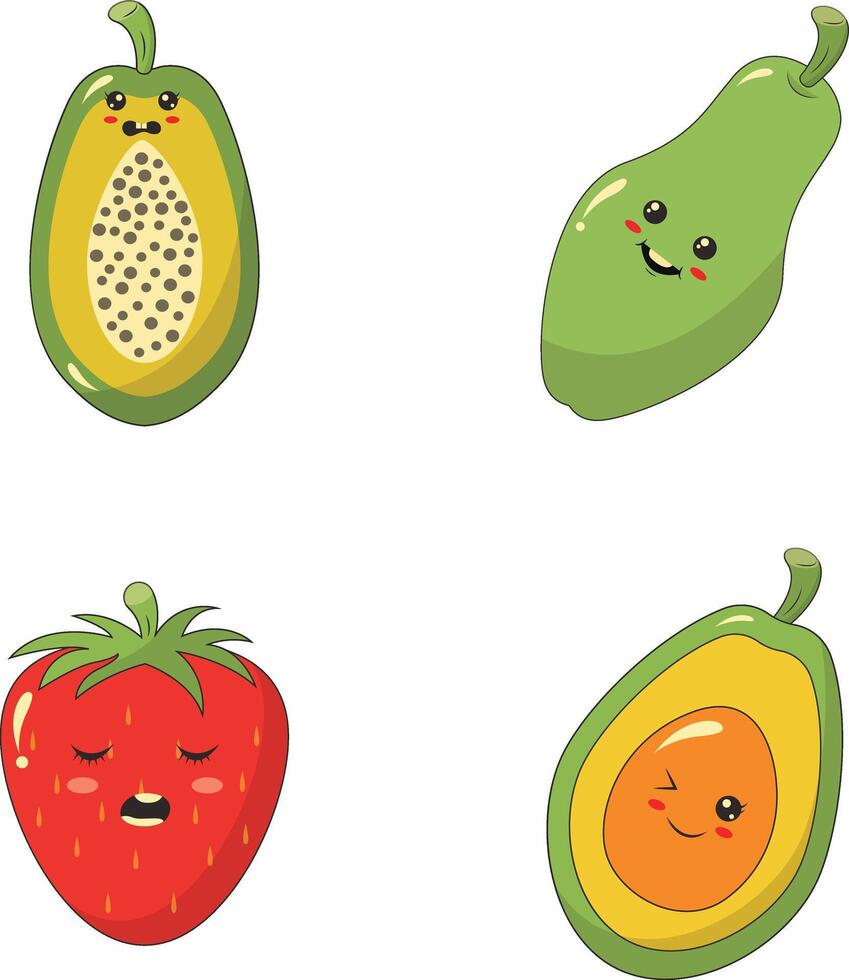 Collection of Different Kawaii Fruit Mascot. Cute Cartoon Character. Vector Illustration