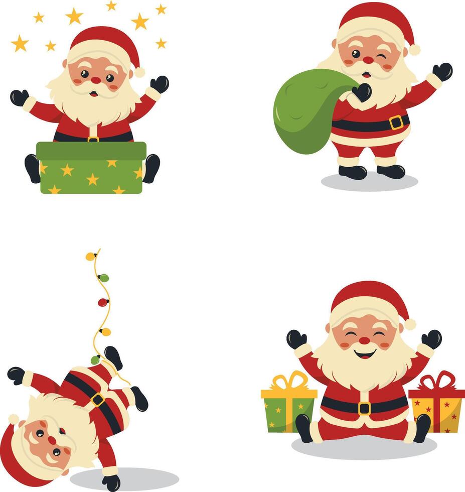 Christmas Santa Claus with Different Gesture. Cartoon Character Collection. Vector Illustration